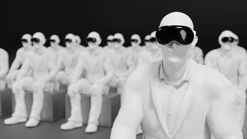 Fotografía en blanco y negro de maniquíes blancos con gafas de realidad virtual.