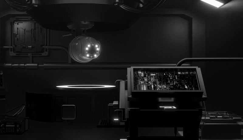 Futuristisches, schwach beleuchtetes Labor mit leuchtenden Bildschirmen und Geräten, mit einer schwebenden Kugel, die Licht ausstrahlt, Kabeln und einem runden Licht auf dem Boden.