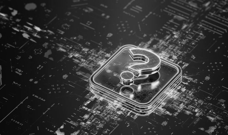 Un símbolo de signo de interrogación 3D sobre un fondo de circuito digital en escala de grises, simbolizando tecnología e incertidumbre.
