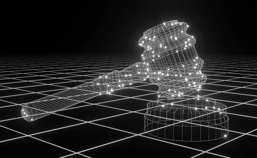 A digital wireframe gavel and sound block on a grid background, glowing with white light, symbolizing technology and justice.