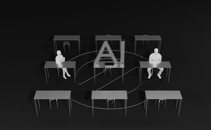 Imagen en blanco y negro de dos figuras sentadas en escritorios, rodeadas de escritorios vacíos, con una gran estructura de 'IA' en el centro sobre un fondo oscuro.