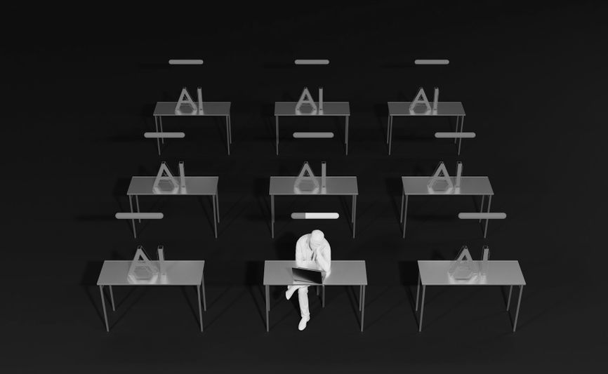 Person sitting at one of several desks in a dark room, with abstract shapes and lines on each desk, creating a minimalist and futuristic atmosphere.
