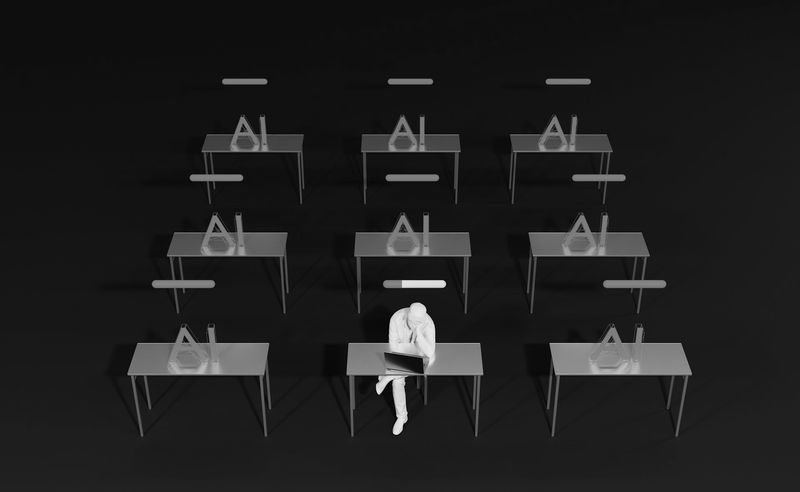 Persona sentada en uno de varios escritorios en una habitación oscura, con formas y líneas abstractas en cada escritorio, creando una atmósfera minimalista y futurista.