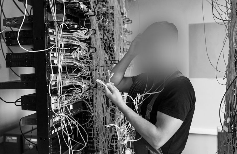 Une personne dépanne des câbles dans une salle de serveurs, entourée de fils emmêlés et d'équipements réseau. Le visage est flou. Image en noir et blanc.
