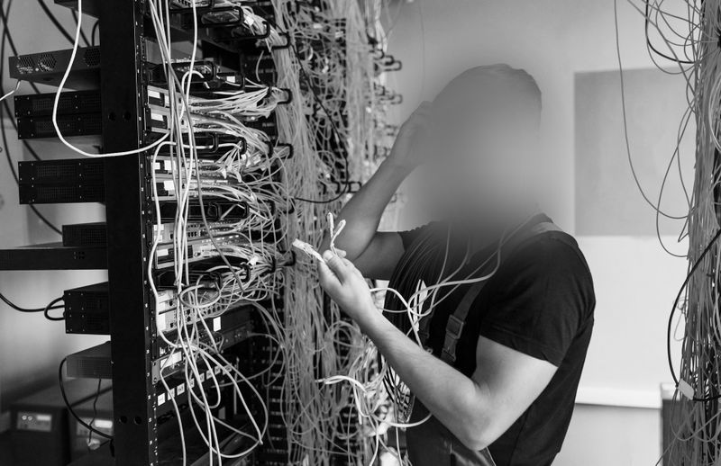 Person troubleshooting cables in a server room, surrounded by tangled wires and network equipment. Face is blurred. Black and white image.