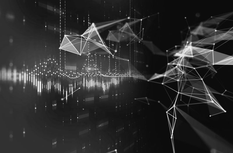 Visualización abstracta de datos en escala de grises: polígonos y nodos de estructura alámbrica conectados sobre una forma de onda flotante.