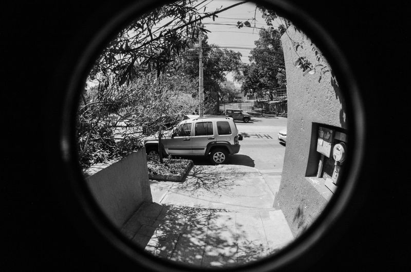 A black and white fisheye lens view of a parked SUV on a residential street, with trees and a building entrance in the foreground.