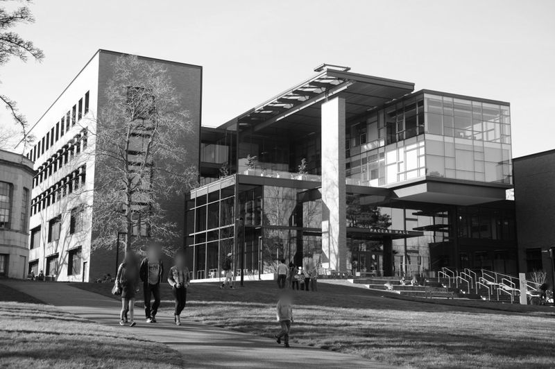 Un edificio moderno con grandes ventanas de vidrio y diseño geométrico, rodeado de un área de césped, con personas caminando hacia él en un día despejado.