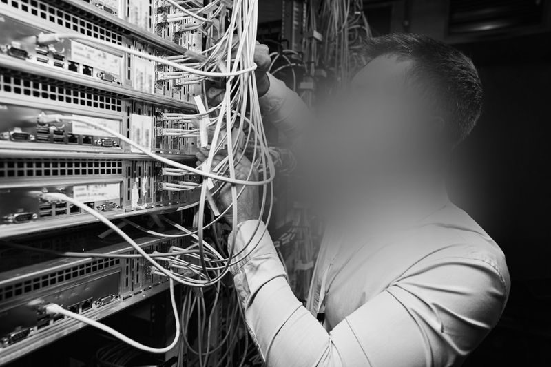 Una persona con una camisa abotonada trabaja en un rack de servidores, ajustando cables en una sala de redes. El rostro está intencionalmente difuminado por privacidad.