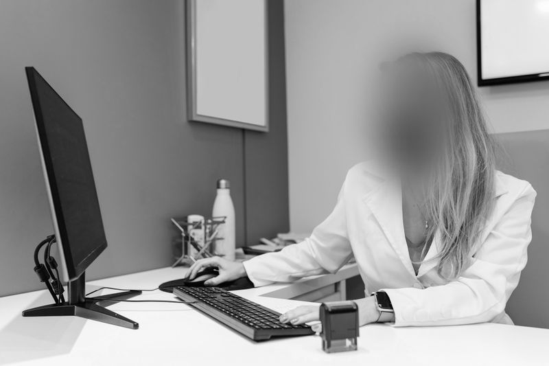 Une personne en blouse blanche travaille à un bureau, utilisant un clavier et une souris d'ordinateur. Le bureau comprend un écran et des accessoires.