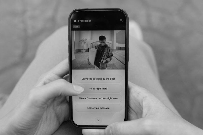 Person holding a smartphone, displaying a doorbell camera feed and message options like "Leave the package by the door."