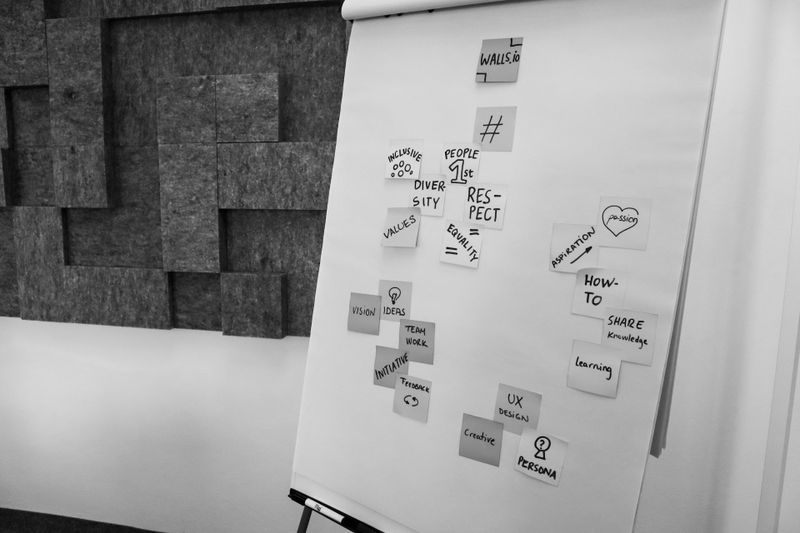 Un tableau à feuilles mobiles avec des notes autocollantes affichant des mots tels que « Respect », « Diversité » et « Innovation », dans un environnement de bureau moderne.