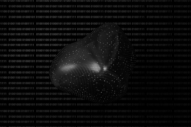 A 3D abstract shape composed of glowing dots against a background of binary code on a black surface.