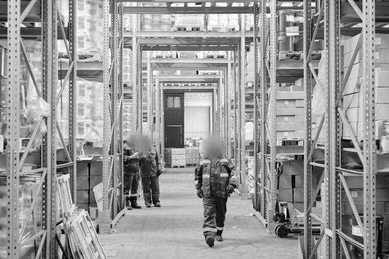 Fotografía en blanco y negro del interior vacío de un gran almacén industrial con techos altos y equipos dispersos.