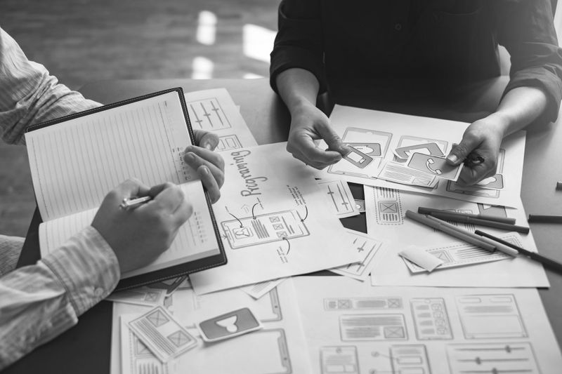 Deux personnes collaborent sur des croquis de conception et des notes à une table, entourées de papiers et de stylos, se concentrant sur un projet.