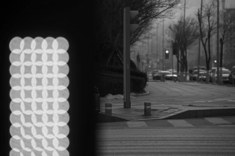 Photographie en noir et blanc d'une rue avec un feu de circulation, des voitures et des arbres nus. Un panneau lumineux à motifs est visible à gauche.