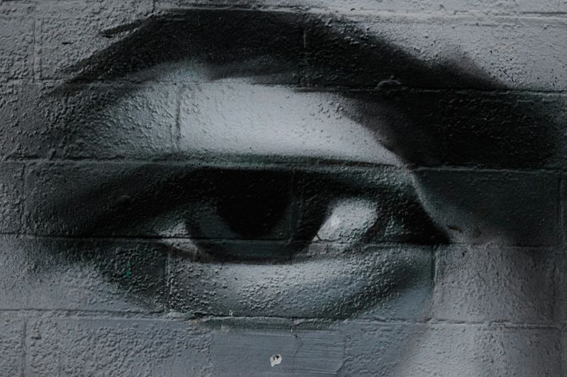 Mural en blanco y negro de un ojo realista pintado sobre una pared de ladrillos, capturando detalles intrincados y sombreados.