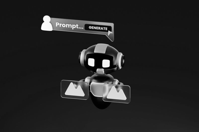 Gráfico en blanco y negro que muestra a un pequeño robot sosteniendo dos cuadrados con el logo de montañas y un globo de diálogo con la inscripción «prompt...GENERATE»