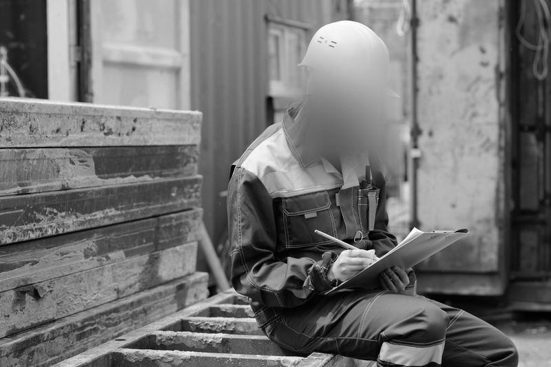 Fotografía en blanco y negro de un trabajador de la construcción con el rostro anonimizado.
