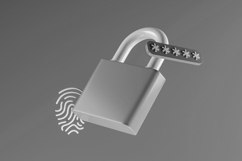 A 3D padlock with a fingerprint and password symbols, representing security, on a gray background.