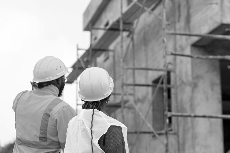 Fotografía en blanco y negro de dos trabajadores de la construcción con una casa en construcción al fondo.