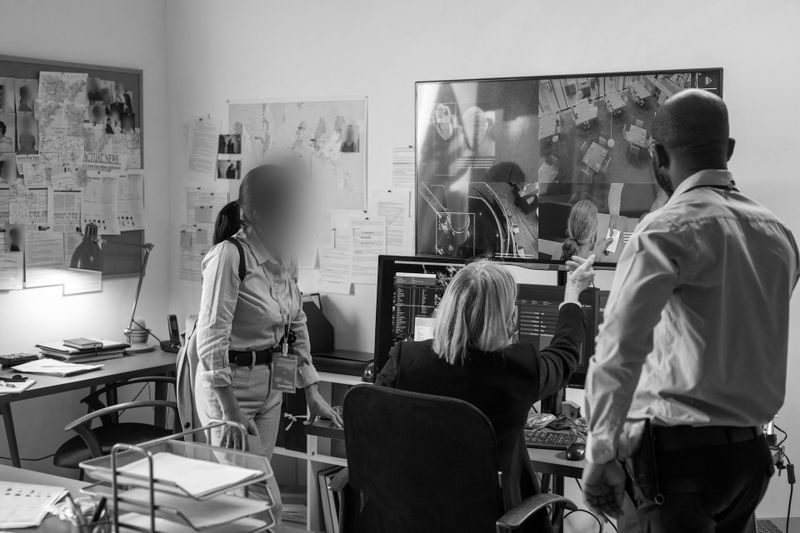 Czarno-biała scena w biurze, trzej śledczy przeglądający nagrania z monitoringu na wielu monitorach, ściany pokryte mapami i przypiętymi notatkami.
