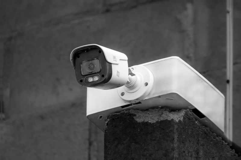 A black and white image of a security camera mounted on a concrete wall against a blurred background.