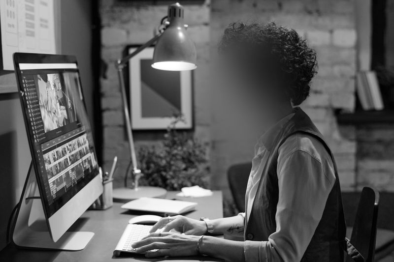 Personne travaillant sur un ordinateur avec un logiciel de montage vidéo dans une pièce faiblement éclairée, avec un mur en briques en arrière-plan et une lampe de bureau.
