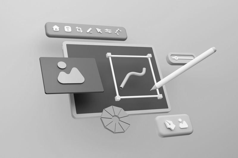 3D illustration of digital design tools, including a stylus, icons, and a screen displaying a squiggly line in a frame.
