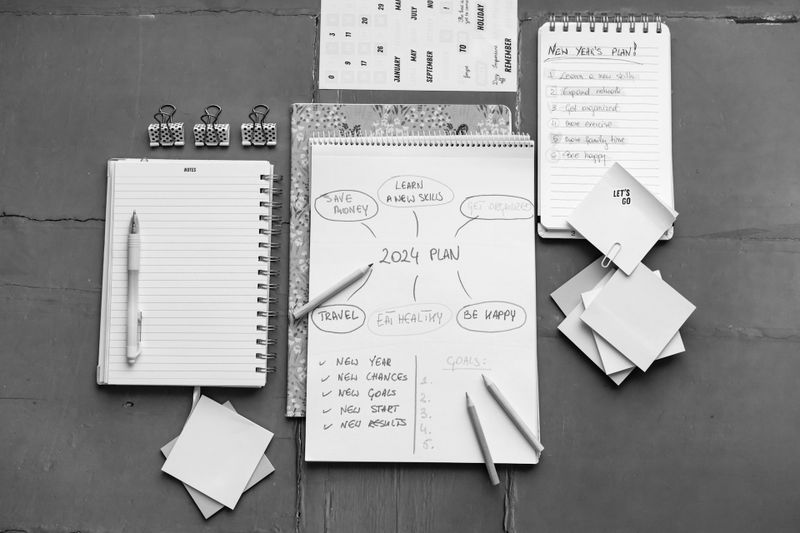 Notizbücher und Haftnotizen mit einem Plan für 2024, der Ziele wie Geld sparen, Fähigkeiten lernen und Reisen umfasst, auf einer Oberfläche angeordnet.
