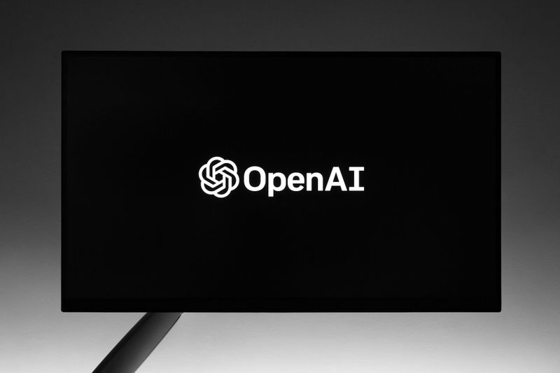 Imagen en blanco y negro que muestra una pantalla con el texto y el logo de «OpenAI»