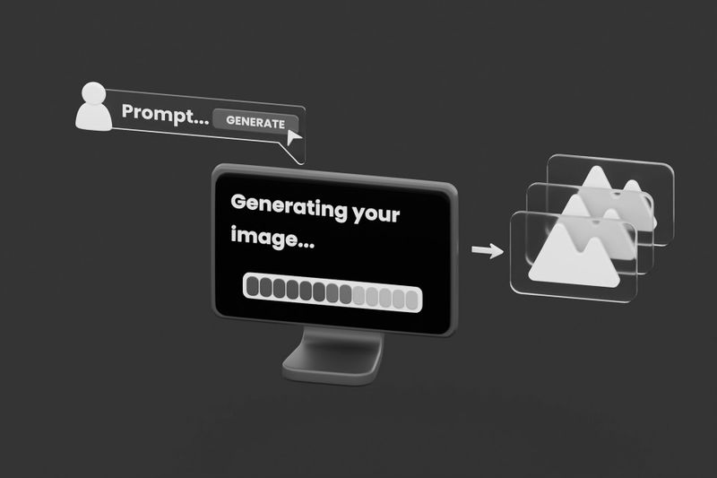 Un moniteur affiche « Génération de votre image... » avec une barre de progression, tandis que des icônes d'images empilées et un bouton d'invite sont affichés sur un fond sombre.