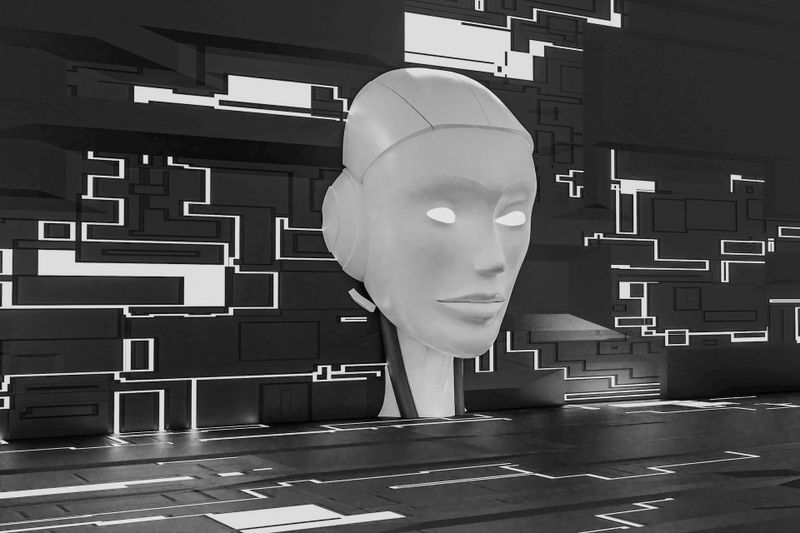 A large robotic head sculpture with glowing eyes is set against a backdrop of geometric patterns and lines, creating a futuristic ambiance.