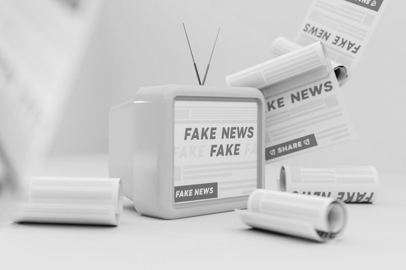 Téléviseur rétro affichant des « Fake News » entouré de journaux roulés étiquetés « Fake News » en noir et blanc.