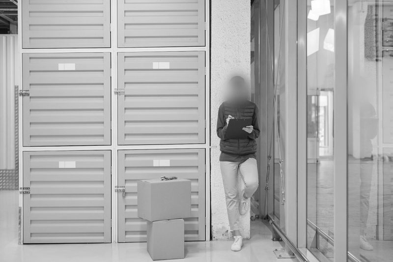Personne adossée à un mur dans une installation de self-stockage, tenant un presse-papiers. Deux cartons sont posés au sol à proximité.