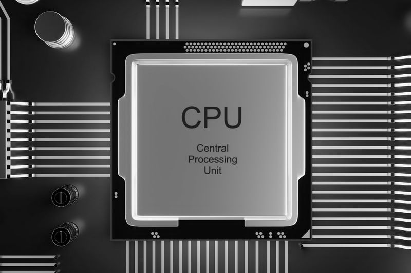 Chip de CPU plateado etiquetado como 'Unidad Central de Procesamiento' en una placa de circuito negra con líneas y componentes intrincados.