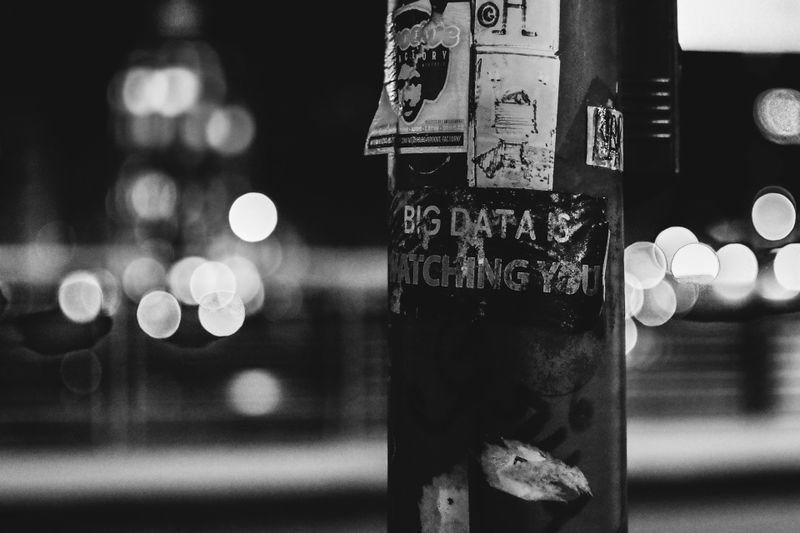 A black and white photo of a street pole with peeling posters, one reading "BIG DATA IS WATCHING YOU," against a blurred city lights background.
