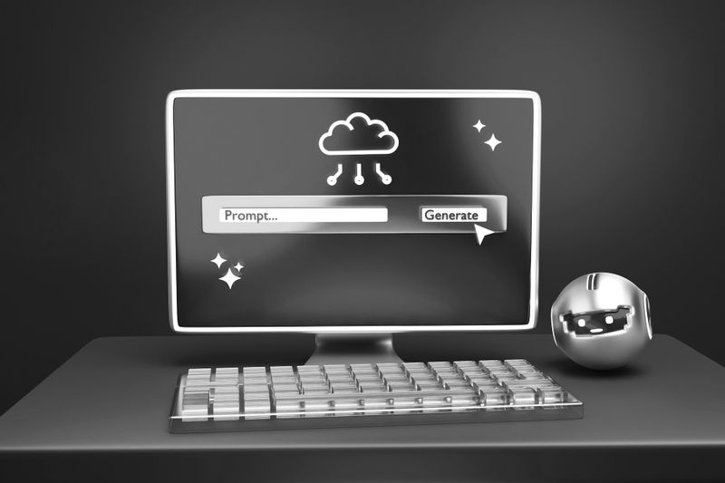Pantalla de computadora que muestra un ícono de nube y un cuadro de aviso con un botón "Generar", junto a una cabeza de robot sonriente en un escritorio.