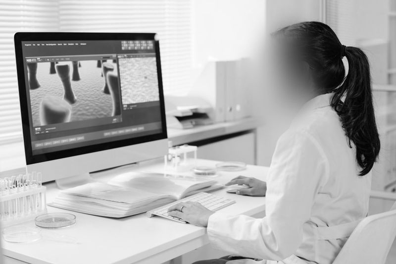 Une personne en blouse de laboratoire travaille sur un ordinateur affichant des images microscopiques, avec du matériel de laboratoire et un livre ouvert à proximité.