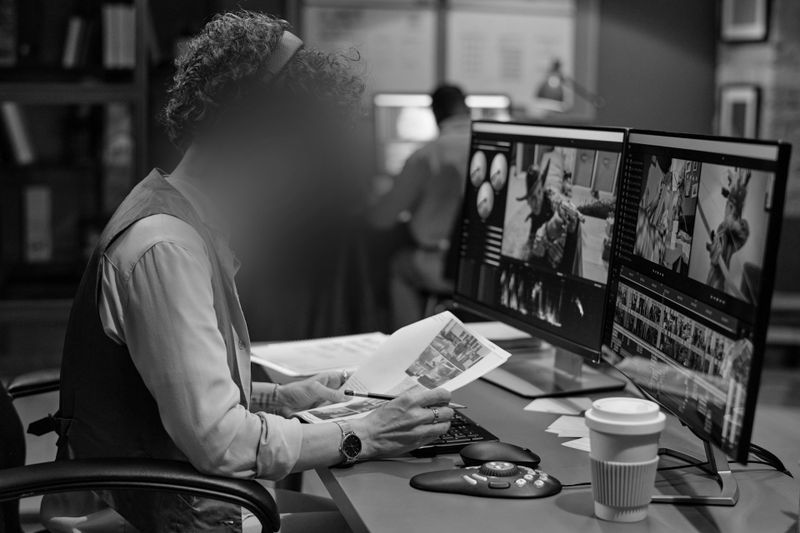 A person studies film scenes on dual monitors in a dimly lit studio, holding a document with various images. A coffee cup sits on the desk.