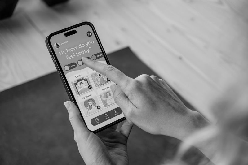 A person using a smartphone app to track their mood; categories such as calmness, joy, and relaxation are visible, represented by illustrated icons. Black-and-white photo.
