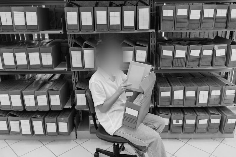 Person sitting on a chair examining a box of files in a large archive room with shelves full of labeled boxes.
