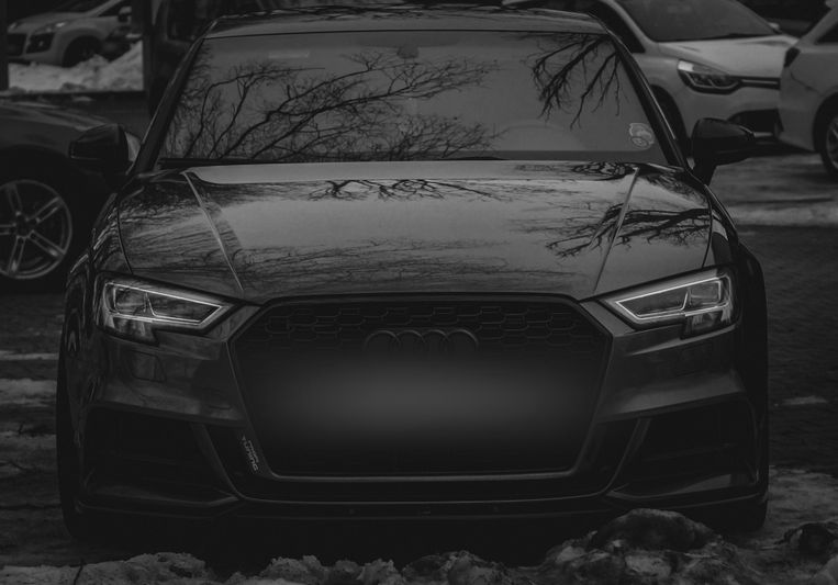 Black Audi car parked with tree branches reflected on the hood, surrounded by snow and other vehicles.