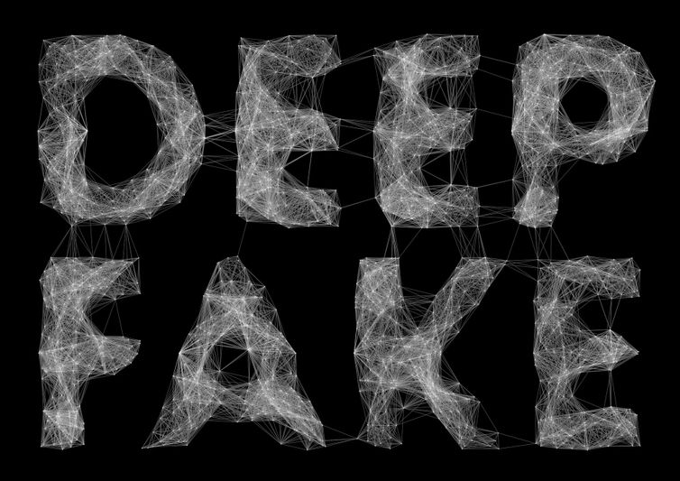Les mots « DEEP FAKE » sont formés de lignes blanches complexes en forme de toile sur un fond noir.