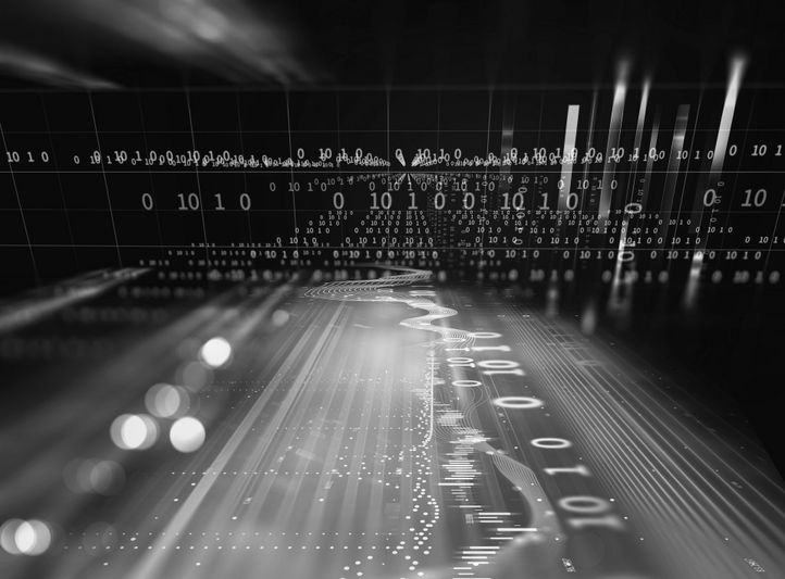 Visualización de datos abstractos monocromáticos con dígitos binarios en streaming, líneas de cuadrícula, gráficos y rayos de luz que se desvanecen en la profundidad.