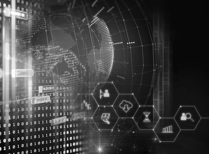 Futuristic digital interface with binary code, globe, and hexagonal icons including cloud, hourglass, and graph, in grayscale.