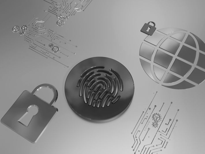 Digital security concept with a fingerprint, globe with a lock, and circuit patterns on a metallic surface.