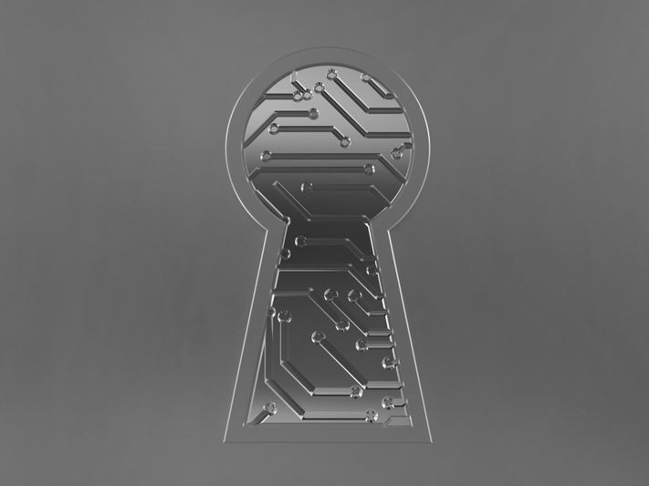 Forme de trou de serrure grise avec des motifs de circuits imprimés intégrés, symbolisant des concepts de cybersécurité ou de sécurité numérique.