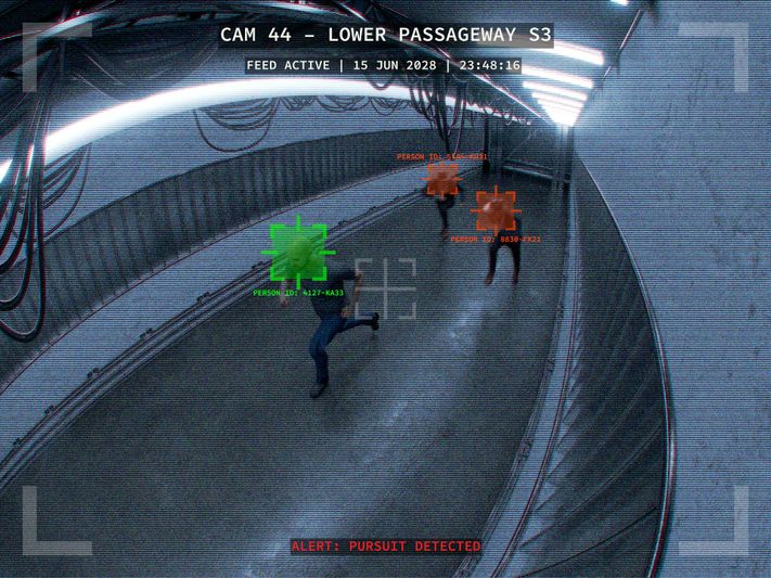 foto de la vigilancia urbana CCTV muestra a un hombre escapando, con la cara marcada en verde, detrás de él dos personas corriendo con cuadrados rojos en la cara