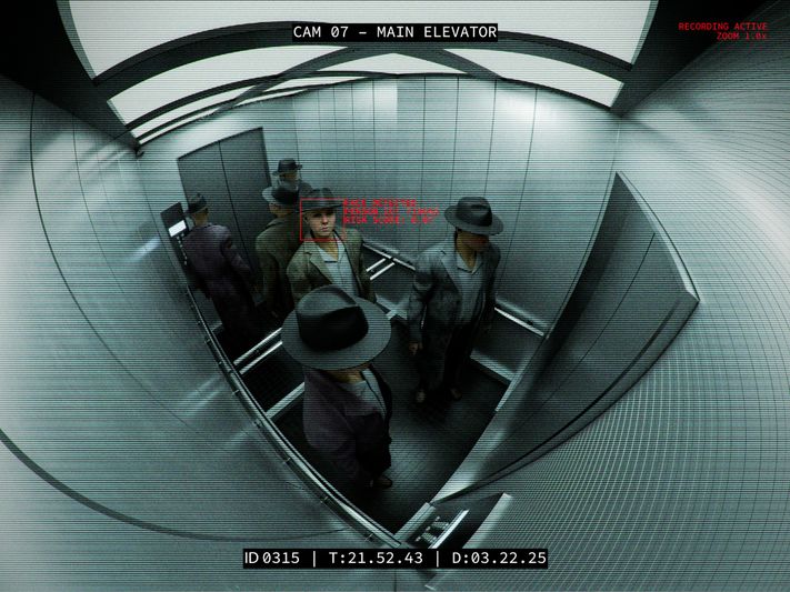 A CCTV camera captures four people in an elevator, all wearing hats and trench coats. The camera details are overlaid at the top and bottom.